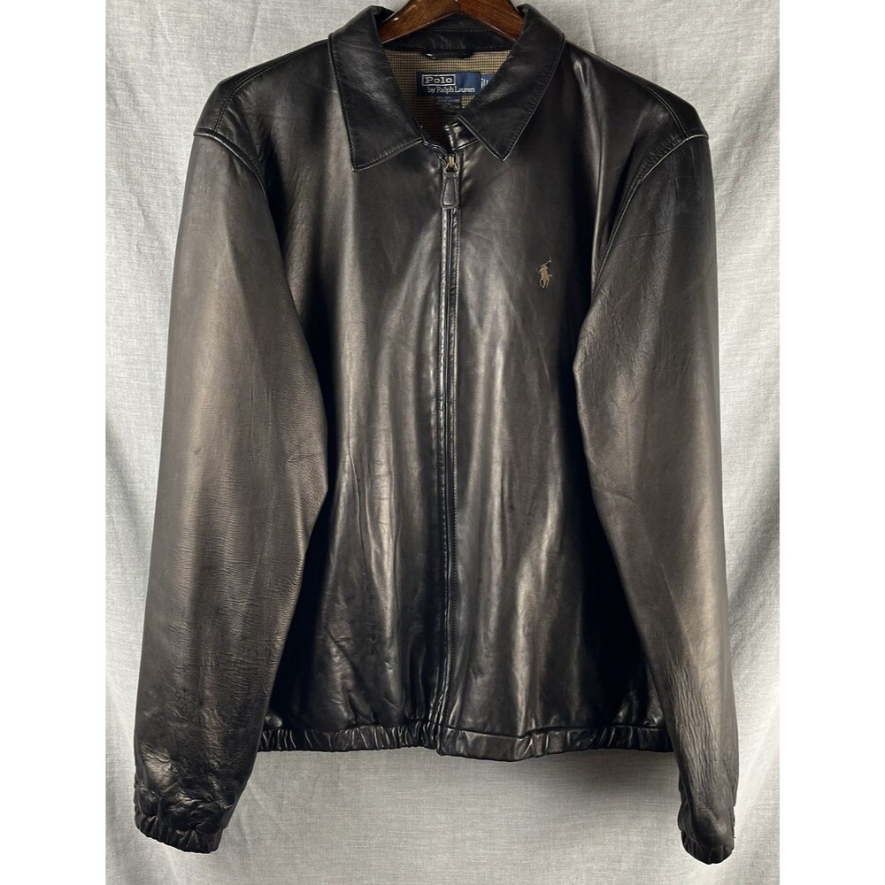 Vtg Polo Ralph Lauren Leather Jacket Mens L Dark Brown Plaid Lined Elastic Waist